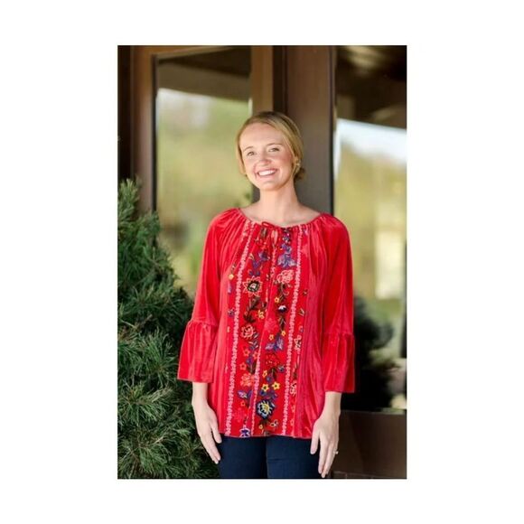 Red Velvet Floral Embroidered Blouse - Picture 2 of 9